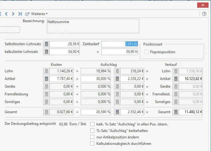 Kalkulation pro Position - TopKontor Handwerk - Grundmodul