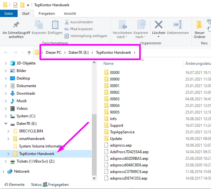 TopKontor Handwerk: Datenordner angezeigt im Windows-Explorer